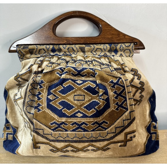 Vintage 70s‎ Banner House Carpet Bag Purse Sewing Handbag Wood Handle Print RARE - Picture 1 of 9